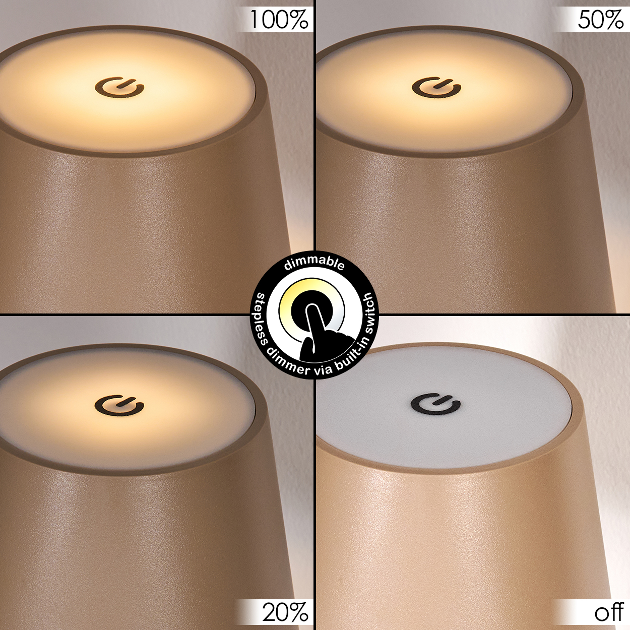 Vier Lampen mit unterschiedlichen Helligkeitsstufen. Jede hat ein Stromsymbol. In der Mitte ein Dimmschalter-Symbol.