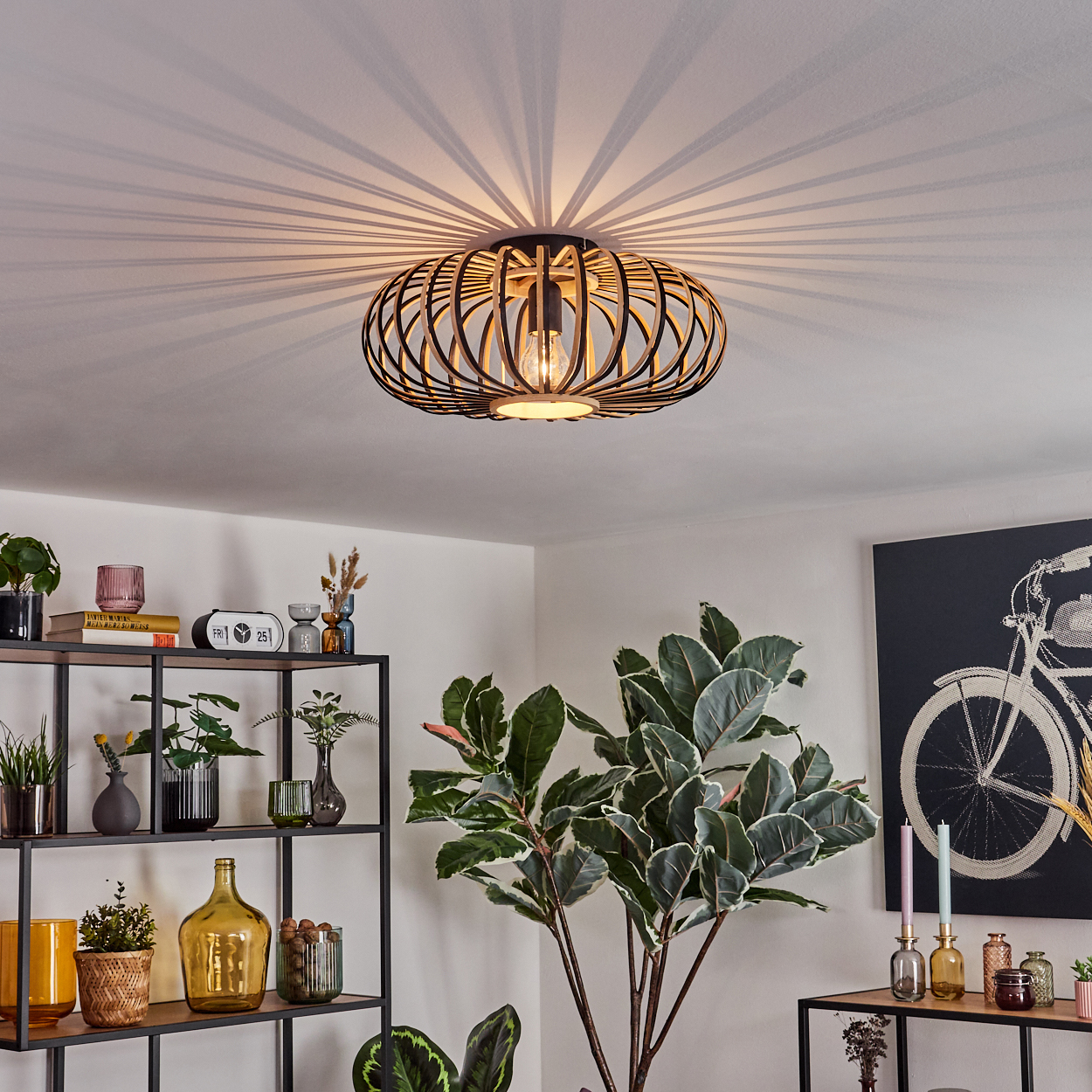 Eine Deckenlampe mit käfigartigem Design wirft Schatten. Regale mit Pflanzen und Dekorationen befinden sich im Vordergrund. Ein Gemälde eines Fahrrads.
