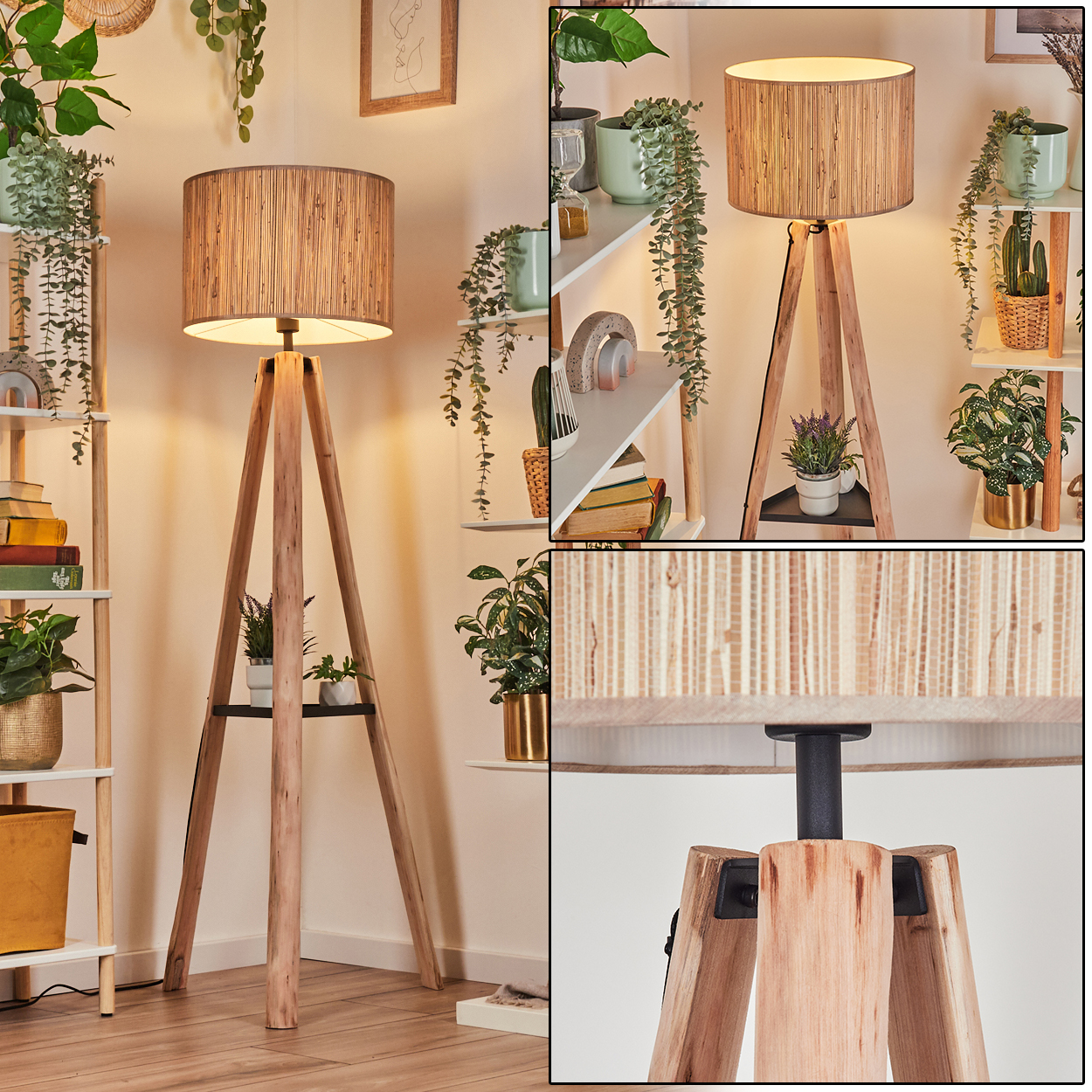 Eine hölzerne Stativ-Stehlampe mit strukturiertem Schirm. Regale mit Pflanzen und ein gerahmtes Kunstwerk sind sichtbar.