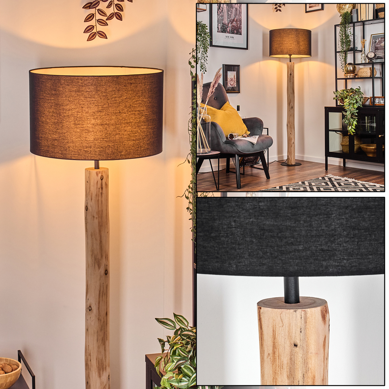Eine Stehlampe aus Holz mit schwarzem Lampenschirm steht in einem Raum. Ein Stuhl und andere Dekorationen sind im Hintergrund sichtbar.
