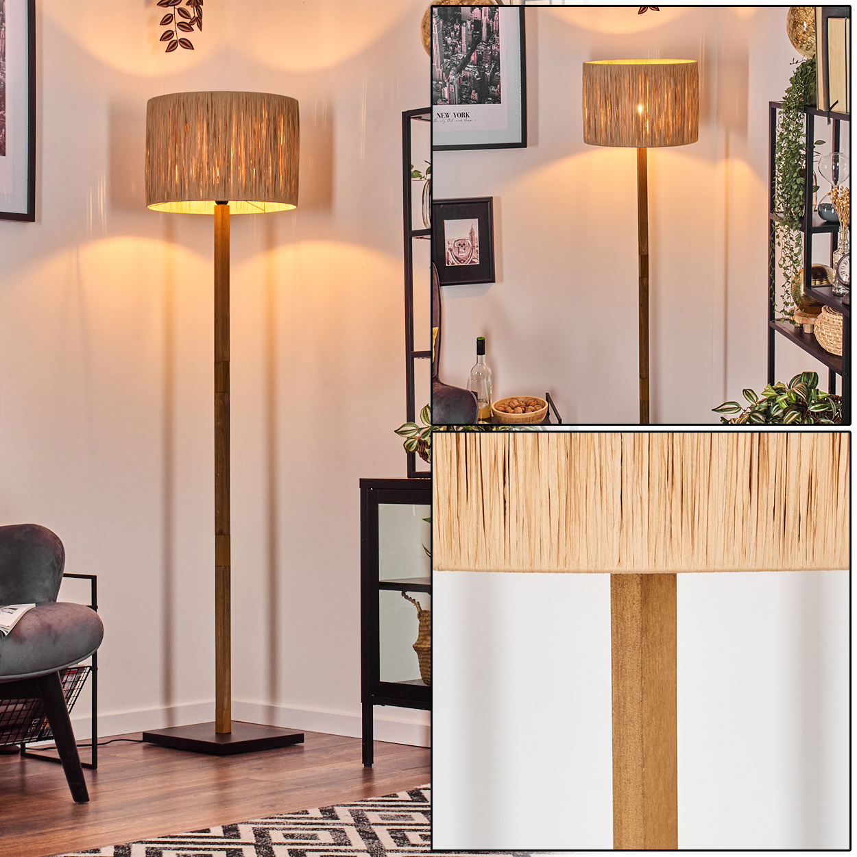 Eine Stehlampe mit beigem Schirm steht in einem Raum mit einem schwarzen Rahmenregal. Teppich und Stuhl im Hintergrund.