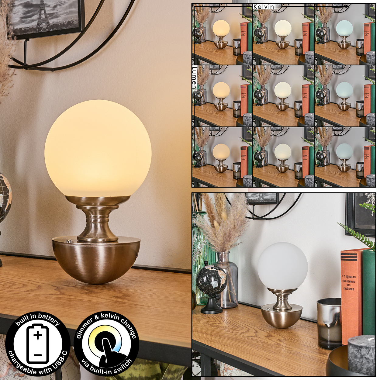 Eine Nachttischlampe mit rundem, weißem Schirm. Sie hat einen Metallsockel und steht auf einer Holzoberfläche. Im Hintergrund befinden sich weitere Lampen und Bücher.