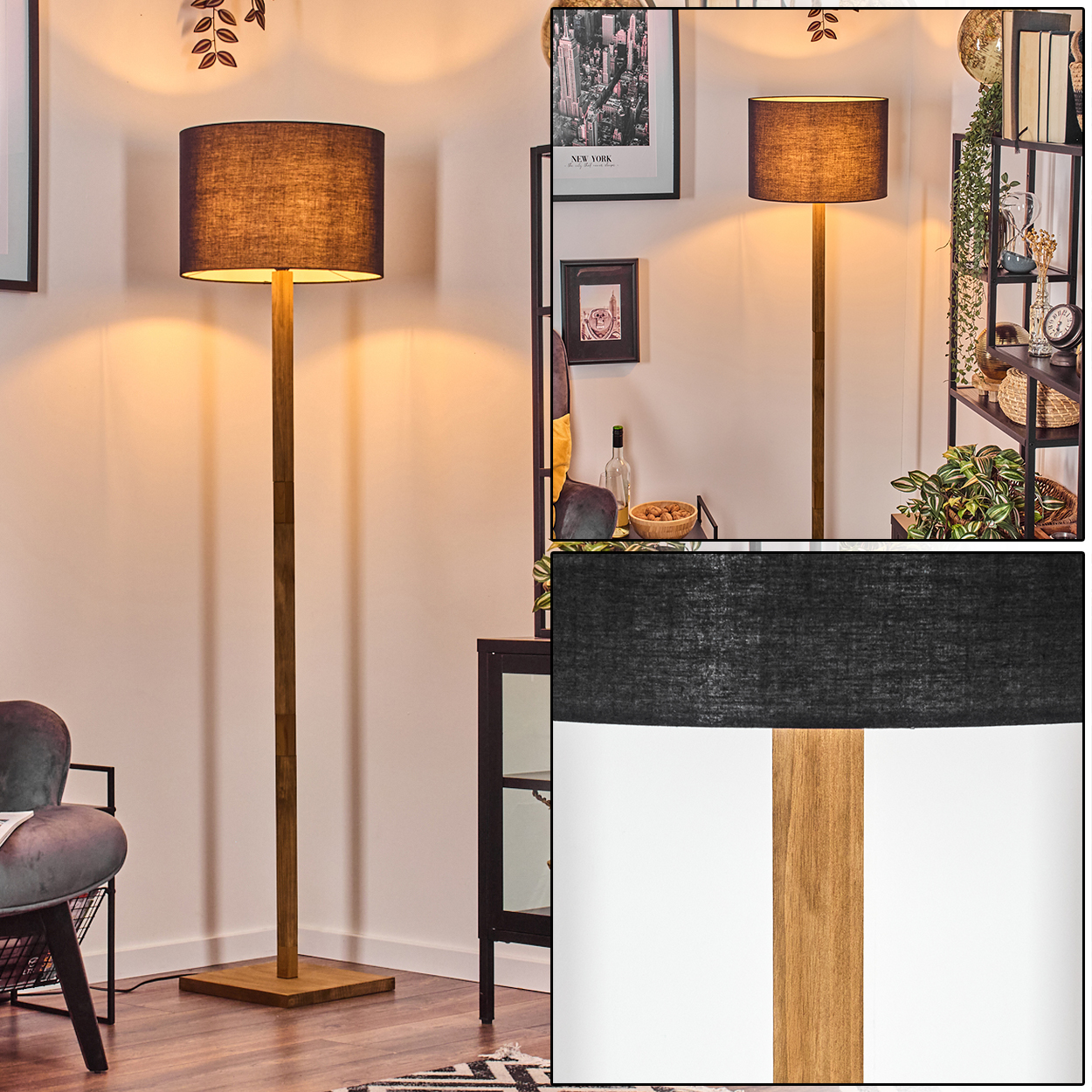 Eine hölzerne Stehlampe mit schwarzem Lampenschirm steht in einem Raum. Der Hintergrund umfasst Regale, einen Stuhl und Dekorationsartikel.