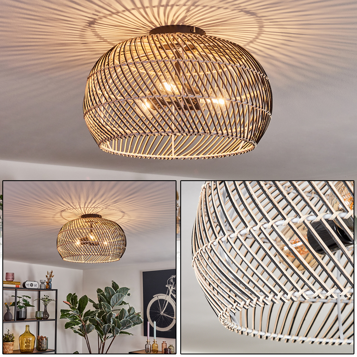 Eine Deckenlampe aus gewebtem Rattan, die einen gemusterten Schatten an die Decke wirft. Sie hat mehrere Lichter und befindet sich in einem Raum.