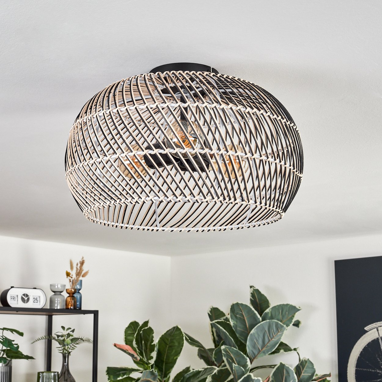 Lampenschirm aus Korbgeflecht an weißer Decke. Darunter Pflanzen und ein Regal mit Dekoration.