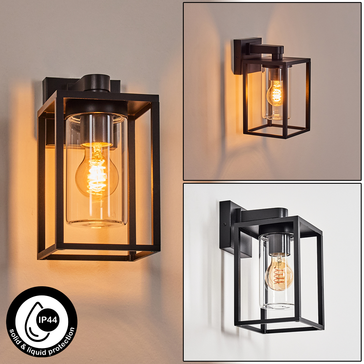 Schwarze Außenwandleuchte mit einem Zylinder aus klarem Glas und einer Edison-Glühbirne im Inneren, an der Wand montiert. Schutzart IP44.