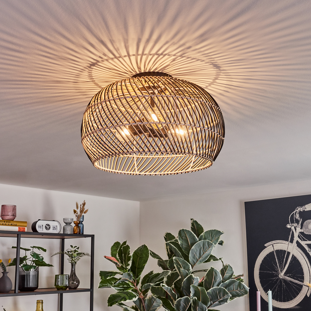 Eine gewebte Pendelleuchte aus Rattan wirft Schatten auf die Decke. Darunter ein Regal mit Deko und Pflanzen. Ein Gemälde eines Fahrrades ist sichtbar.