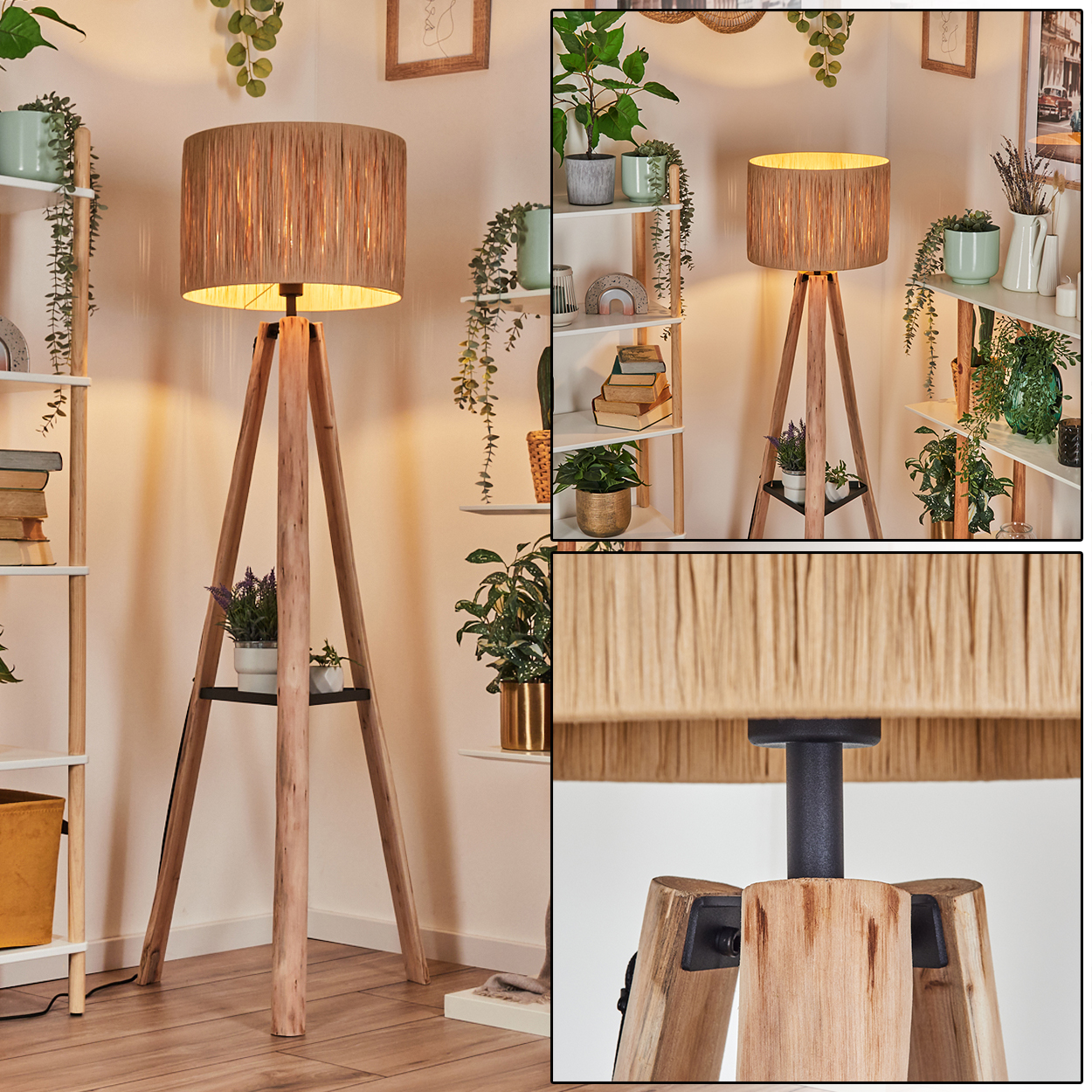 Eine hölzerne Stativlampe mit beigem Lampenschirm steht in einem Raum mit Regalen und Pflanzen. Der Raum hat einen Holzboden.