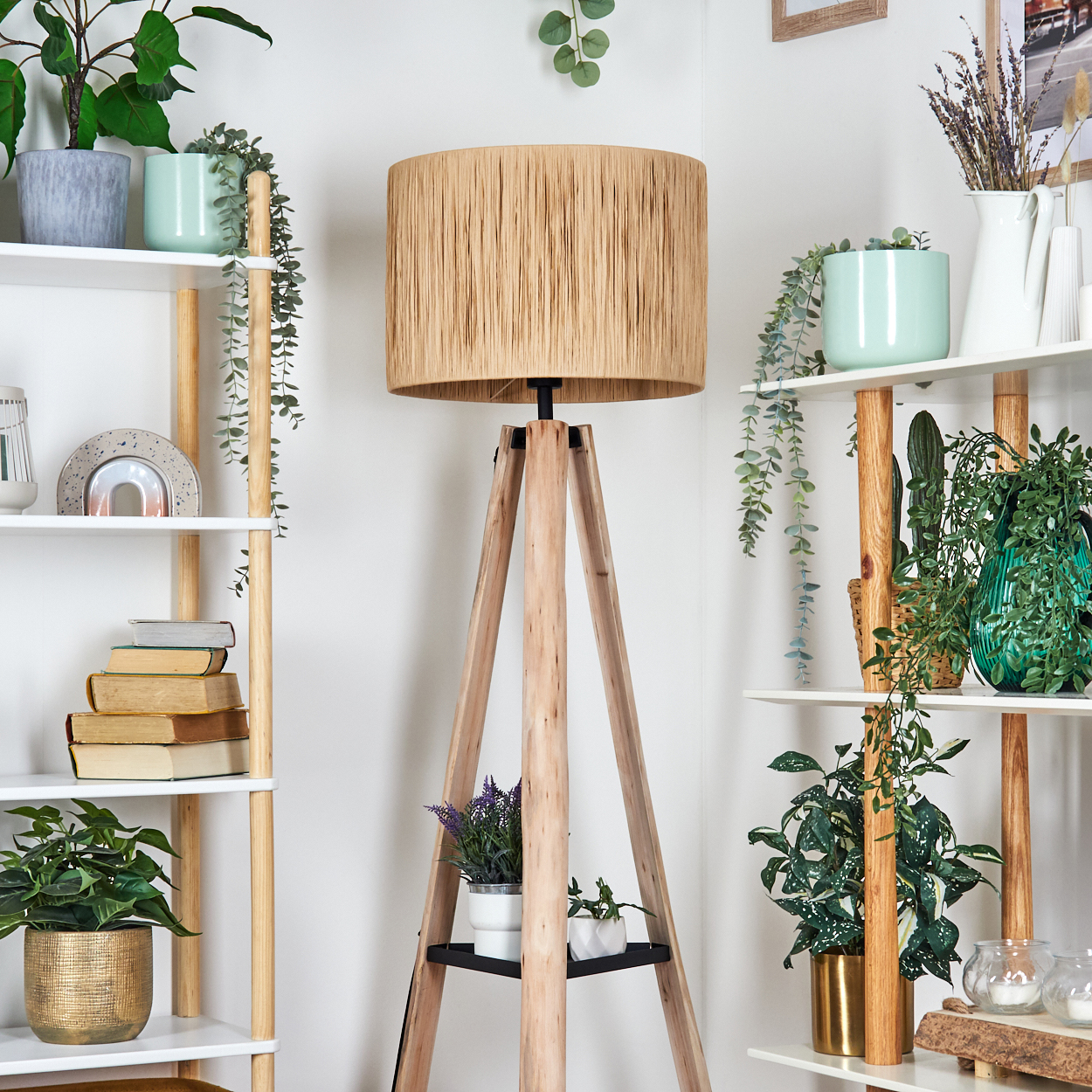 Ein Rauminnenraum mit einer hölzernen Stativlampe, Regalen mit Pflanzen, Büchern und Dekorationsartikeln, die eine gemütliche Atmosphäre schaffen.