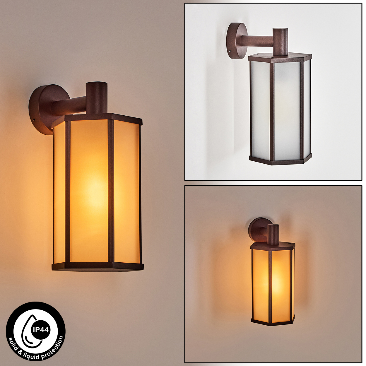 Drei Außenlampen an einer Wand. Jede Lampe hat einen braunen Rahmen und Milchglas. Die Lampen leuchten warm.