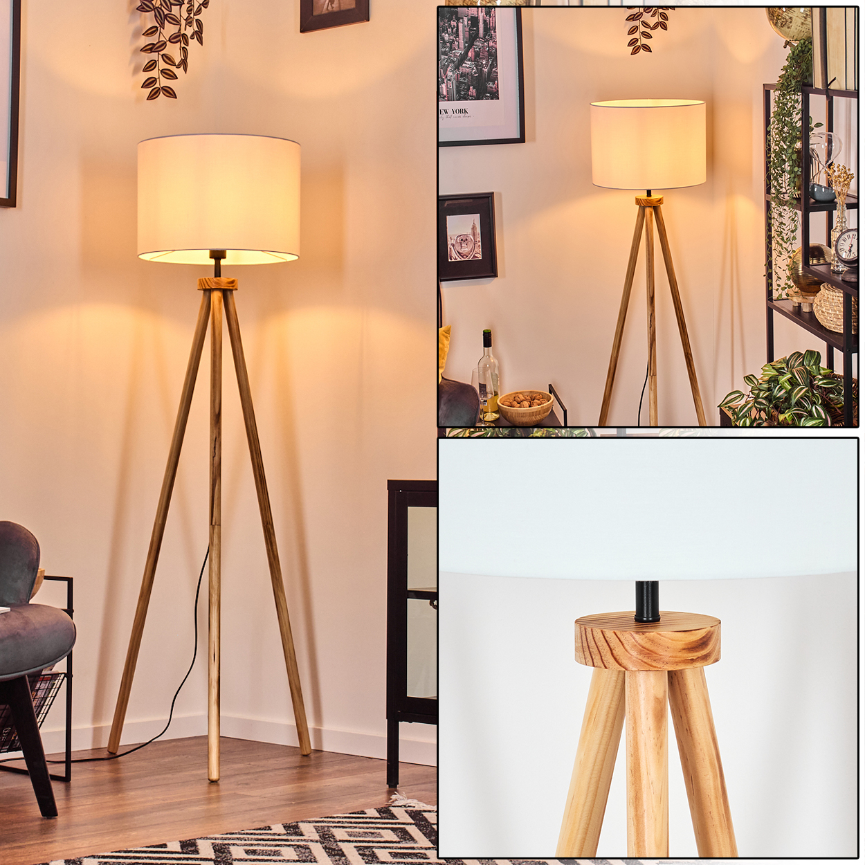 Eine hölzerne Stativ-Stehlampe mit weißem Lampenschirm steht in einem Raum. Weitere Elemente sind Teppich, Stuhl und Wandkunst.