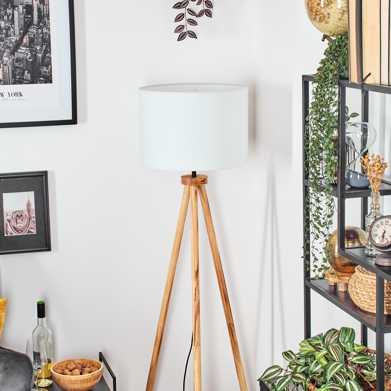 Ein Raum mit Stehlampe, Regalen mit Pflanzen, einem New York-Poster und einer Schale mit Walnüssen. Ein Globus steht auf dem obersten Regal.