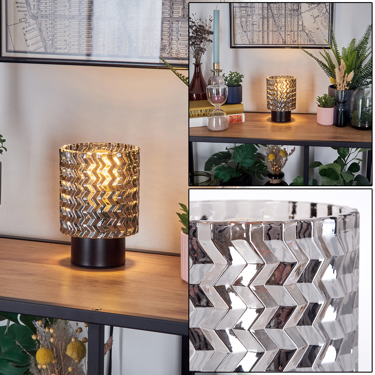 Eine dekorative Lampe mit Zickzackmuster steht auf einem Holzregal, weitere Objekte sind Pflanzen, eine Kerze und gerahmte Karten.