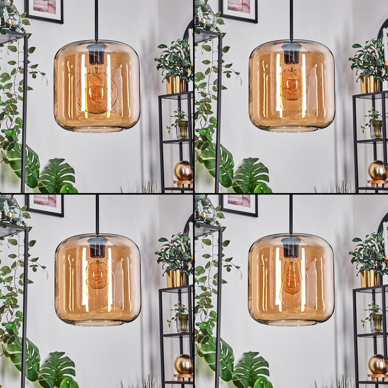 Eine moderne Leuchte mit warmer Glühbirne hängt vor einer weißen Wand. Regale mit Pflanzen und Dekoration befinden sich im Hintergrund.