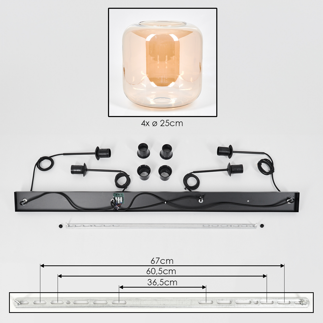 Eine Deckenleuchte mit Glasschirm, schwarzen Komponenten und einer Metallmontageleiste mit Maßen wird gezeigt.