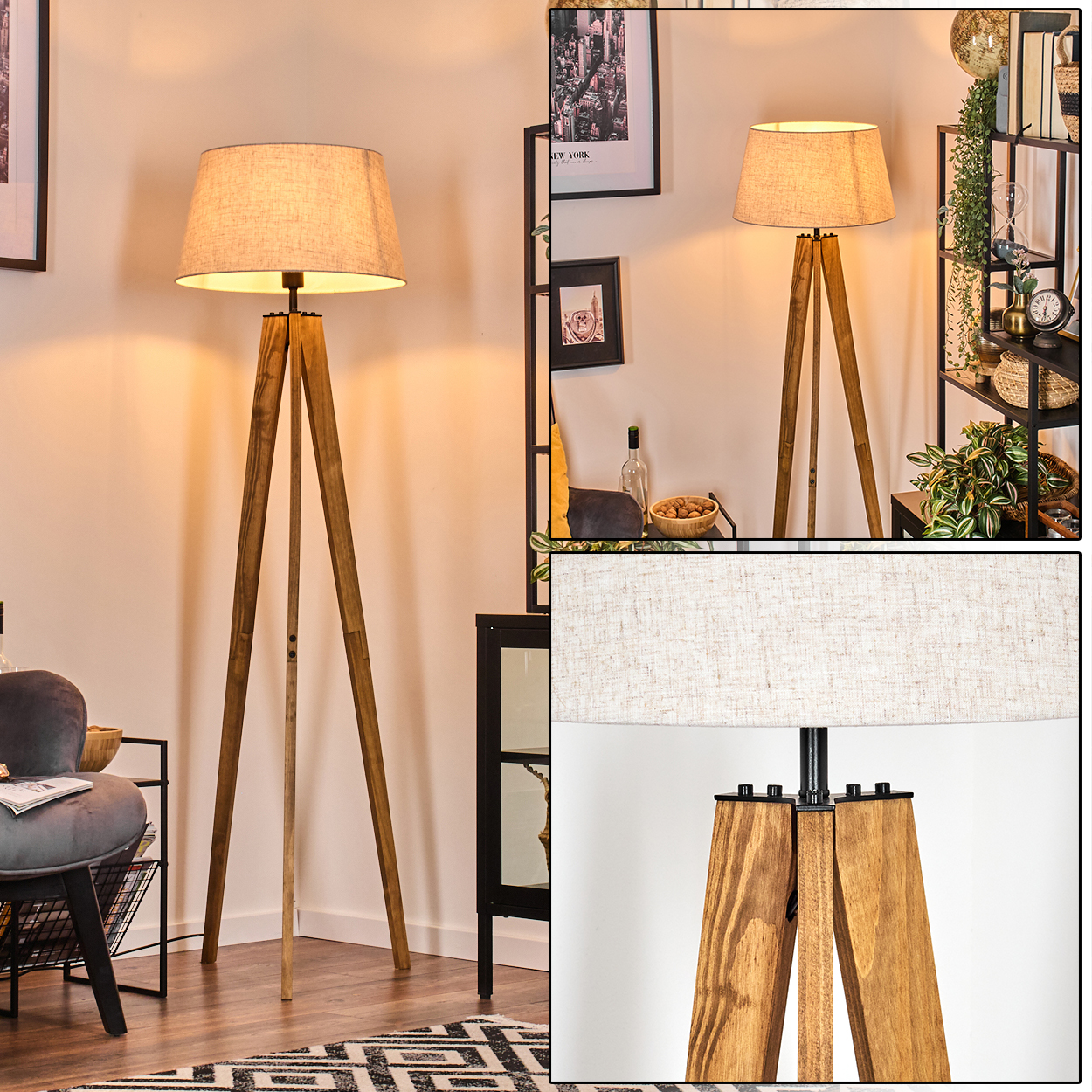 Eine Stehlampe mit Holzstativ und beigem Lampenschirm steht in einem Raum. Bücherregale und ein Stuhl sind im Hintergrund.