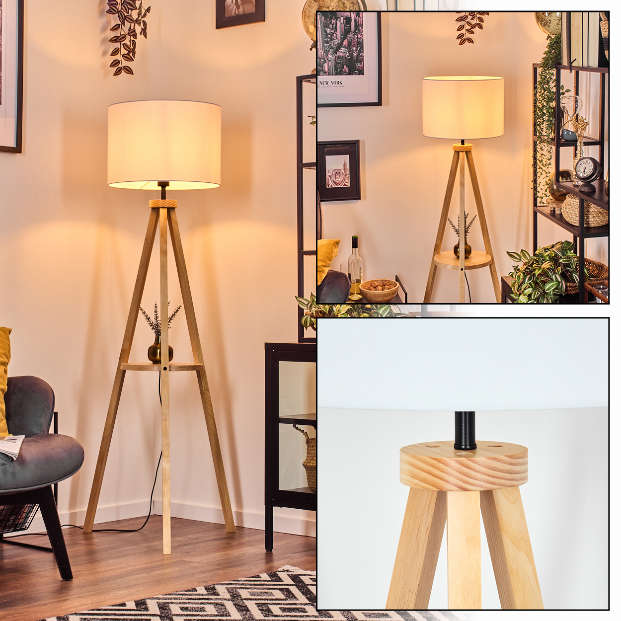 Eine Holz-Dreibein-Stehlampe mit Lampenschirm. Das Zimmer hat einen Teppich, Regale und einen Stuhl. Es gibt Pflanzen und Bilder an der Wand.
