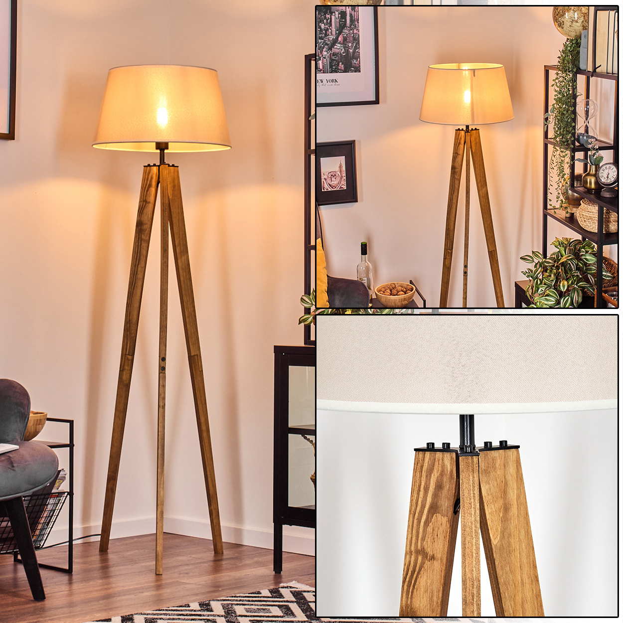 Holz-Stativ-Stehlampe mit beigem Lampenschirm, in einem Raum mit Teppich und Regalen aufgestellt. Andere Dekorelemente sind sichtbar.