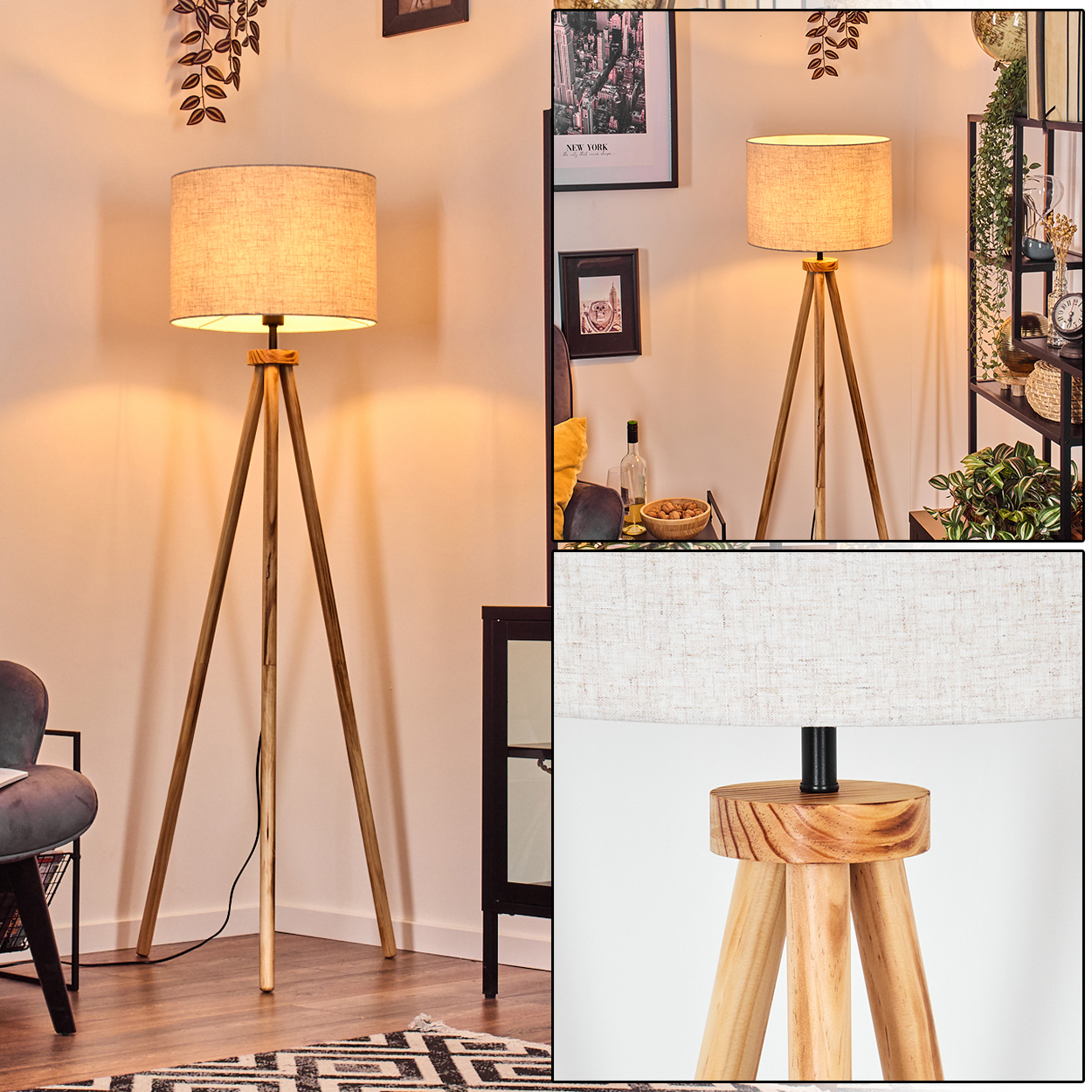 Eine hölzerne Stativ-Stehlampe mit beigem Lampenschirm steht in einem Raum. Ein schwarzer Schrank und ein Teppich sind im Hintergrund.