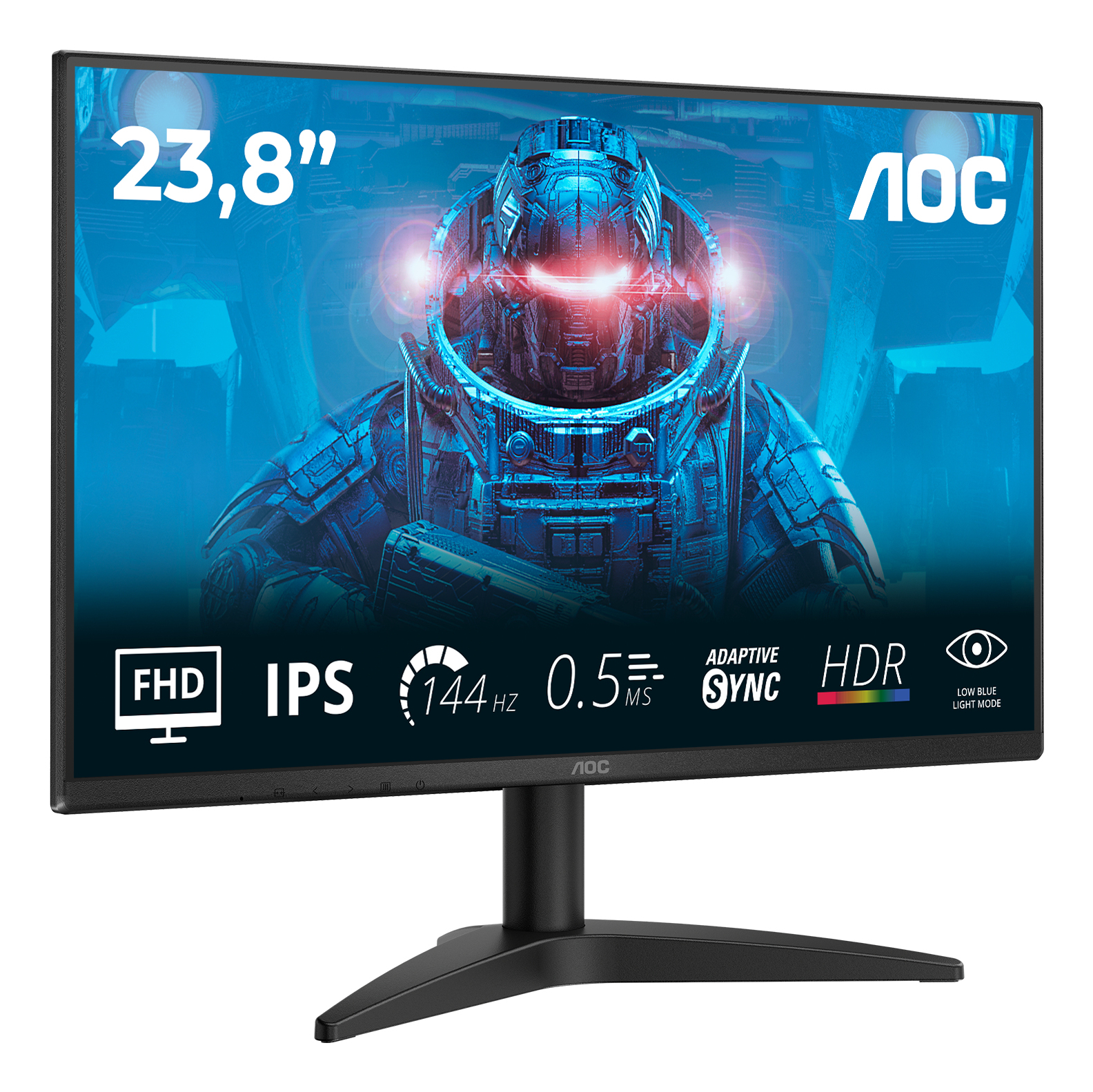 Monitor AOC 23,8" z tłem w postaci obrazu science fiction. Funkcje: FHD, IPS, 144Hz, HDR i Adaptive Sync.
