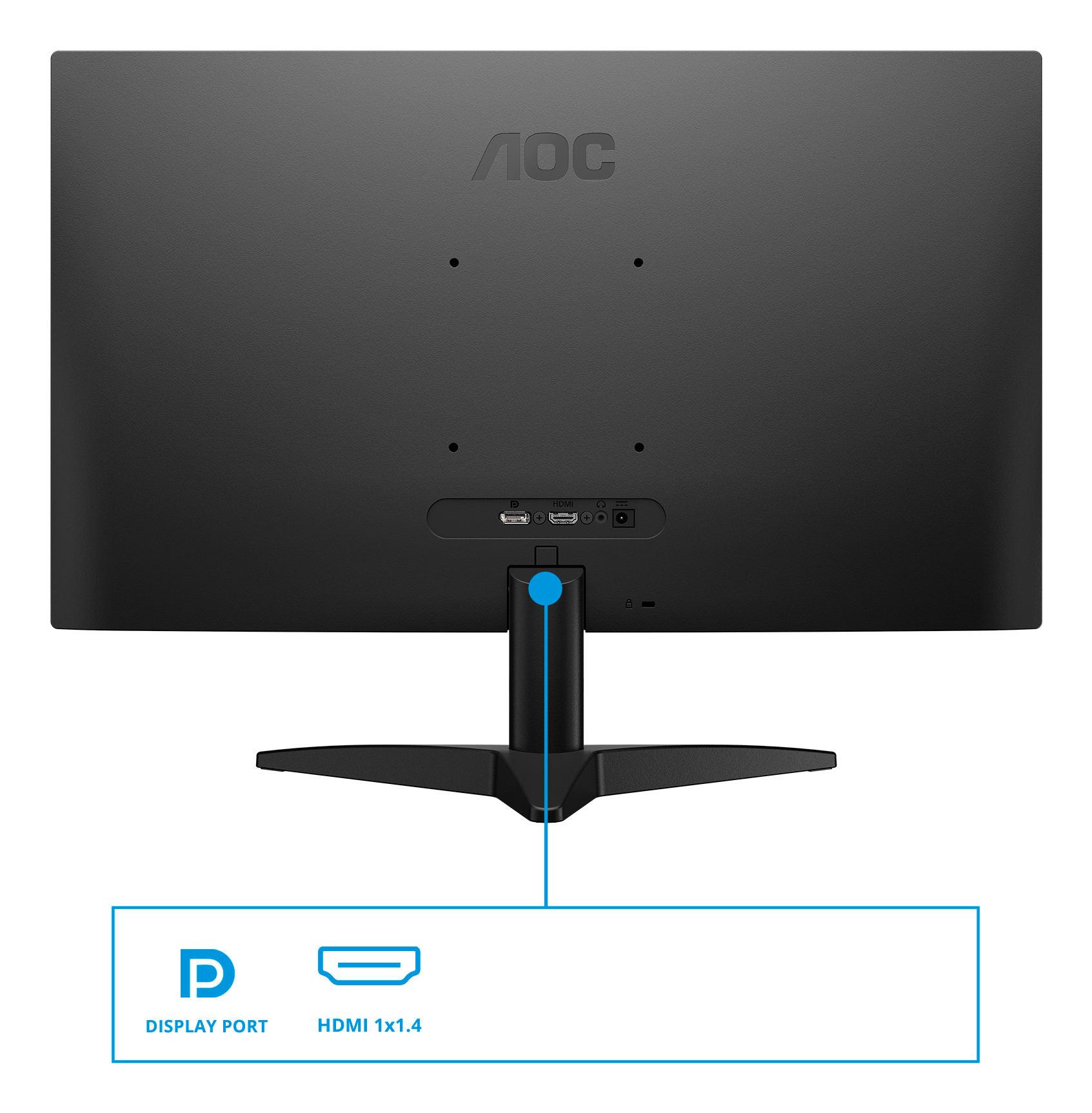 Tył czarnego monitora AOC z portami, etykietami DisplayPort i HDMI 1x1.4. Stojak jest czarny.