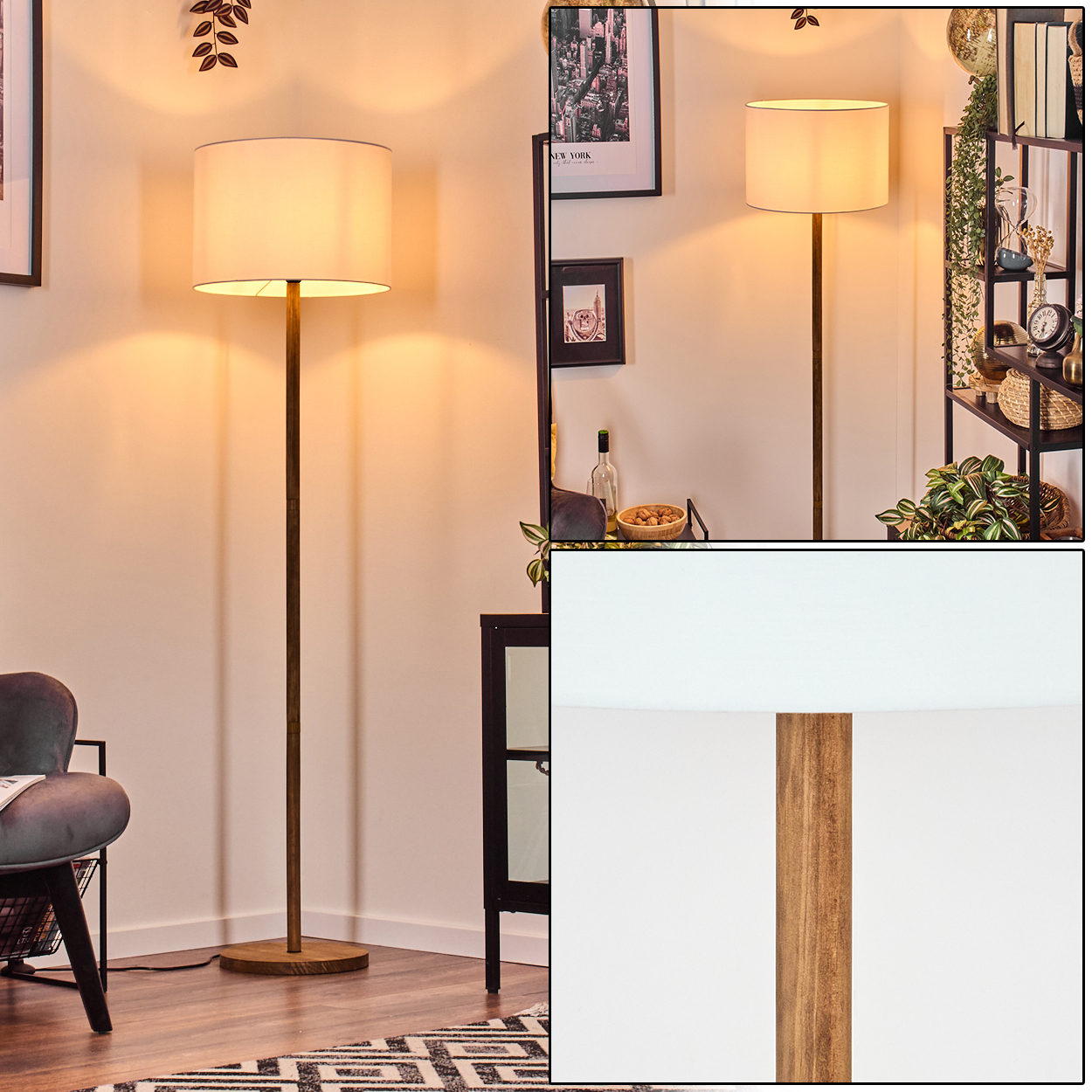 Eine hohe Stehlampe mit cremefarbenem Schirm steht in einer Ecke. Weitere Gegenstände sind ein Stuhl, ein Bücherregal und gerahmte Kunst.