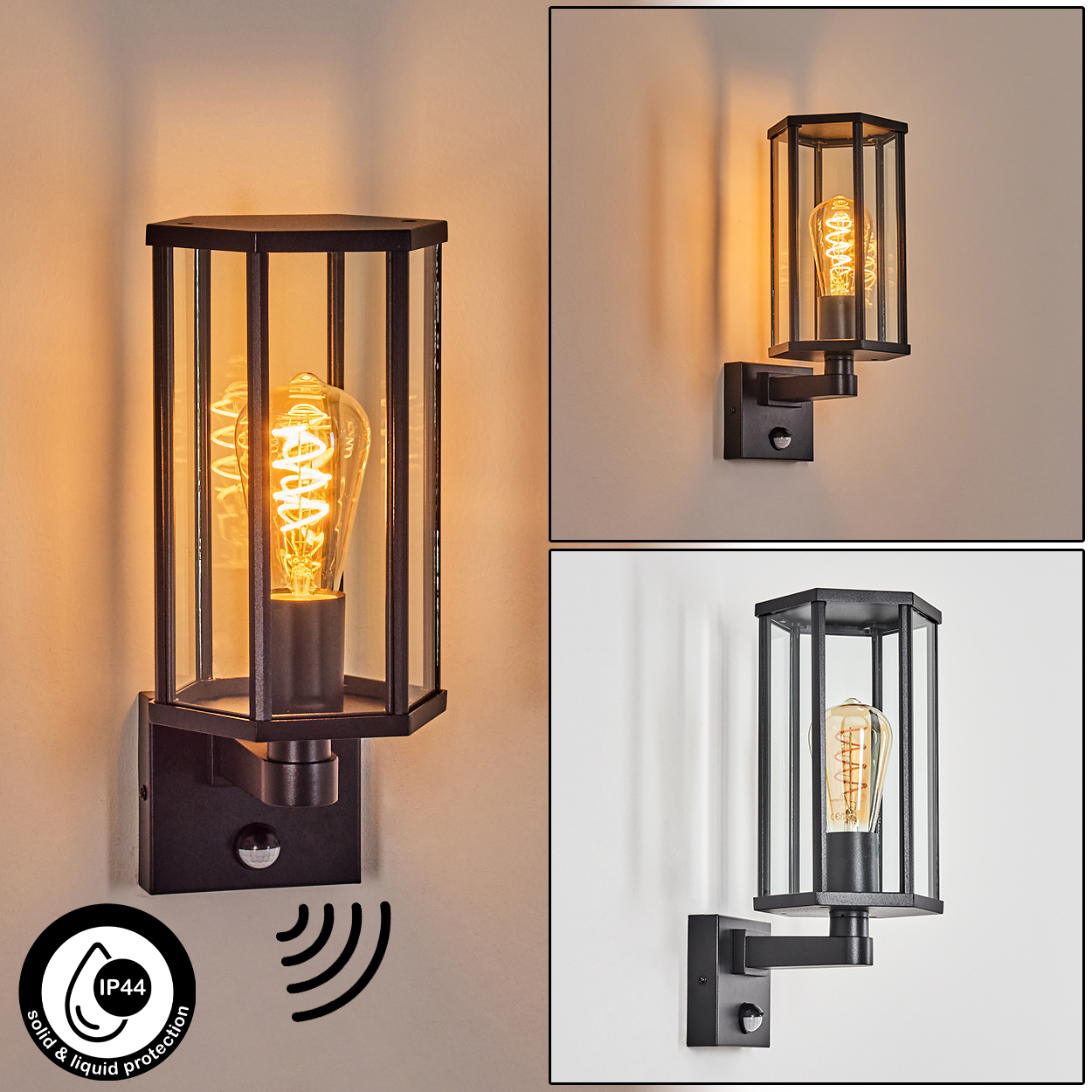 Schwarze Außenwandleuchte mit Glasgehäuse. Im Inneren befindet sich eine leuchtende Wendelglühbirne. IP44-Schutzsymbol und Bewegungssensor.