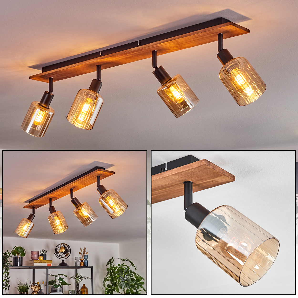 Eine Deckenlampe aus Holz mit fünf bernsteinfarbenen Glasschirmen. Die Schirme sind zylindrisch und nach unten abgewinkelt. Hintergrund ist eine weiße Decke.