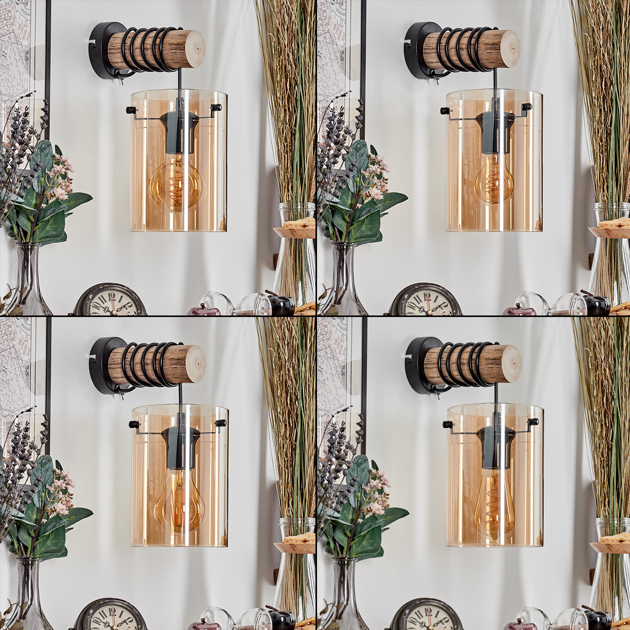 Vier Wandlampen mit Holz- und Metalldetails. Trockenes Gras und Blumen in Vasen, Uhren und Dekorationsgegenstände sind ebenfalls vorhanden.