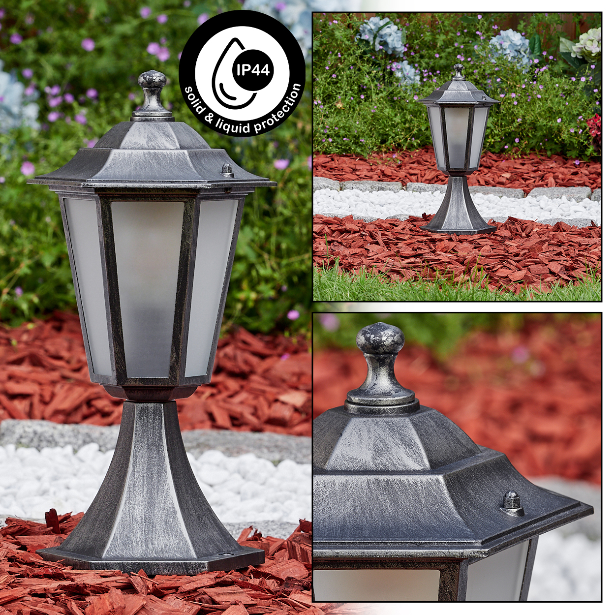 Eine silberne Außenlampe mit Glasscheiben steht auf roter Mulche. Oben links ist ein schwarzes IP44-Schutzlogo zu sehen.