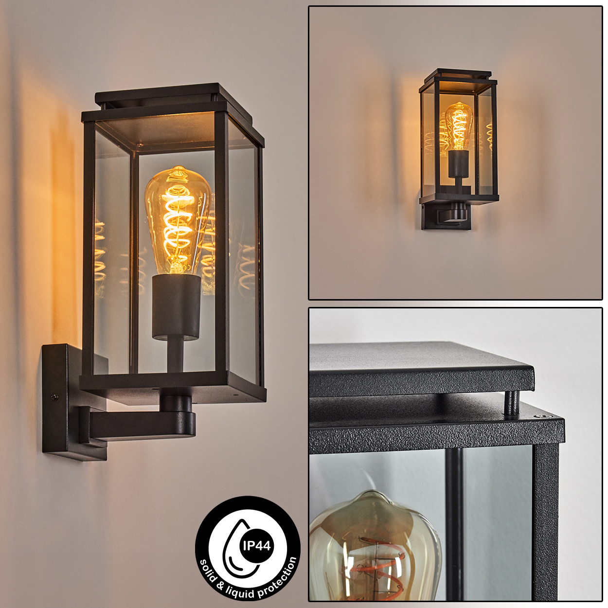 Schwarze Außenwandleuchte mit Glasscheiben und einer Edison-Glühbirne. Die Lampe ist an einer beigefarbenen Wand montiert.