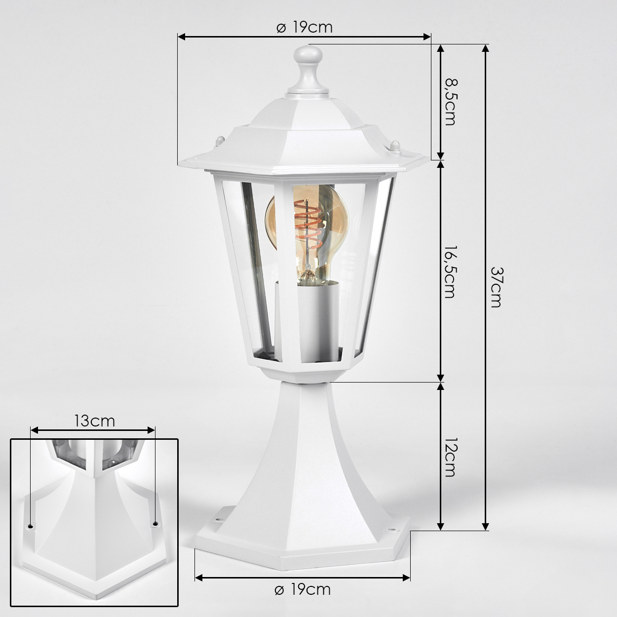 Weiße Außenlampe mit Glasscheiben, Abmessungen angegeben. Detail zeigt den Lampensockel.