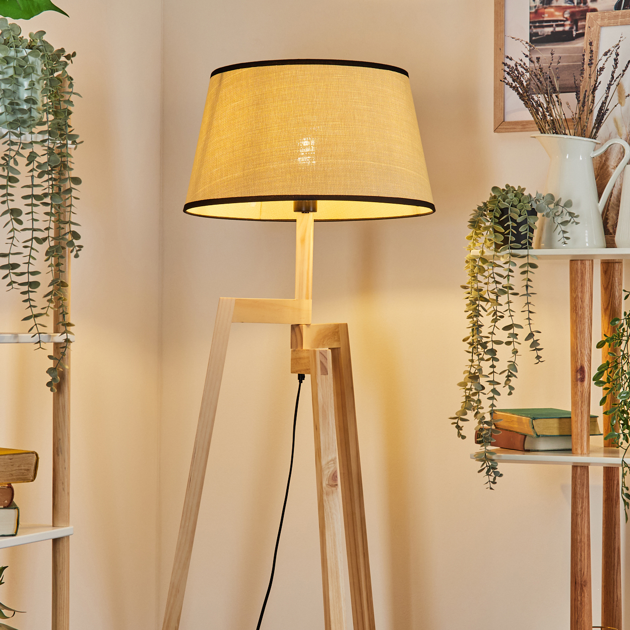 Eine Stehlampe aus Holz mit Lampenschirm und schwarzem Kabel. Pflanzen hängen an Regalen und einer Wand. Ein Bilderrahmen ist an der Wand.