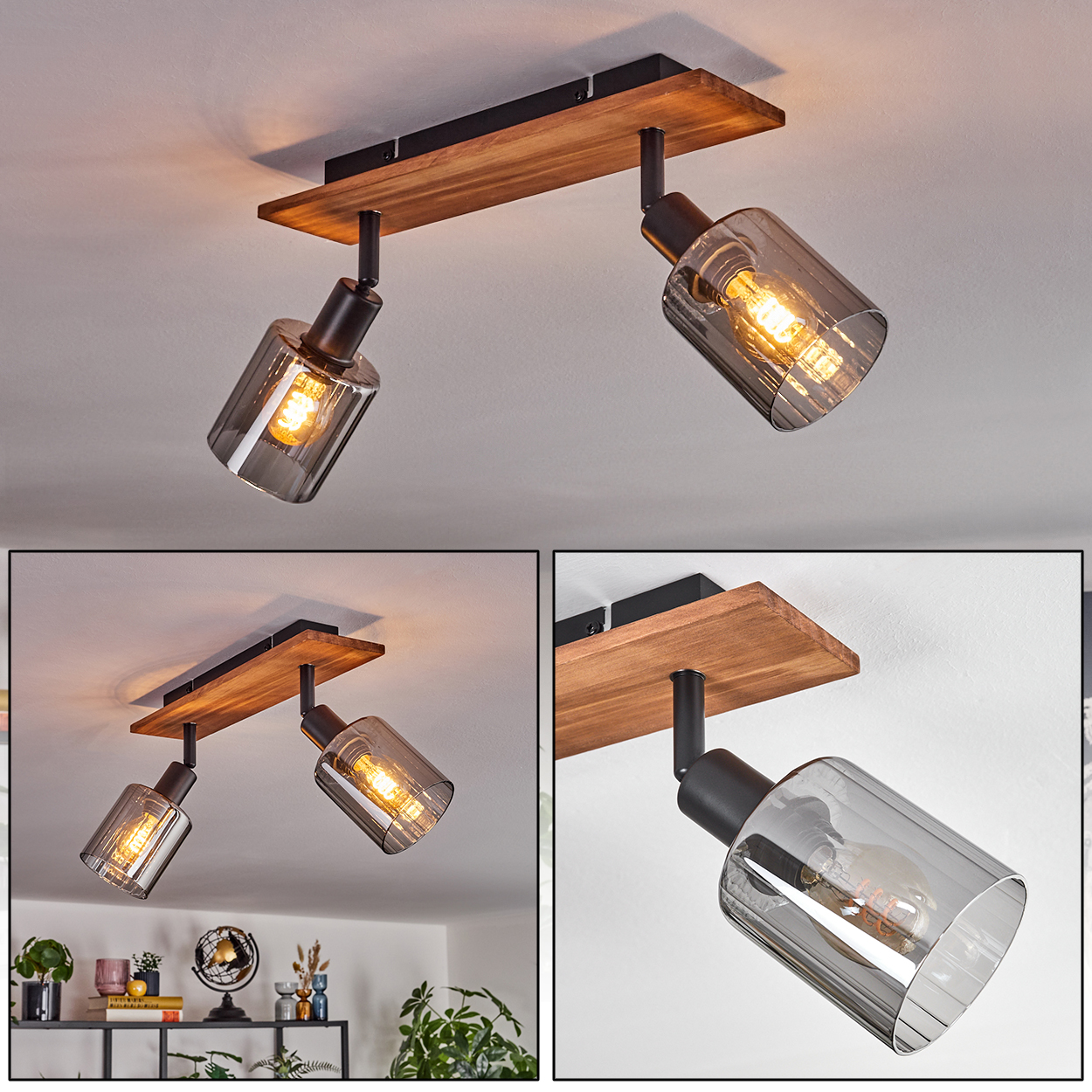 Eine Deckenleuchte mit zwei Lampen. Sie hat einen Holzsockel mit schwarzen Metallhaltern und grauen Glasschirmen.