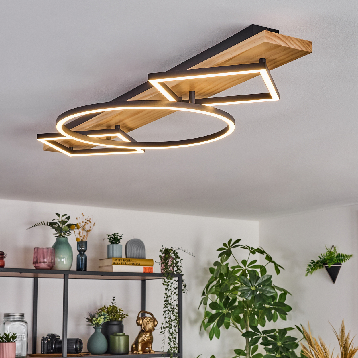 Moderne Deckenleuchte mit Holz- und geometrischen Metallelementen. Darunter ein Regal mit Pflanzen und Dekorationen. Weiße Wände und eine große Pflanze.