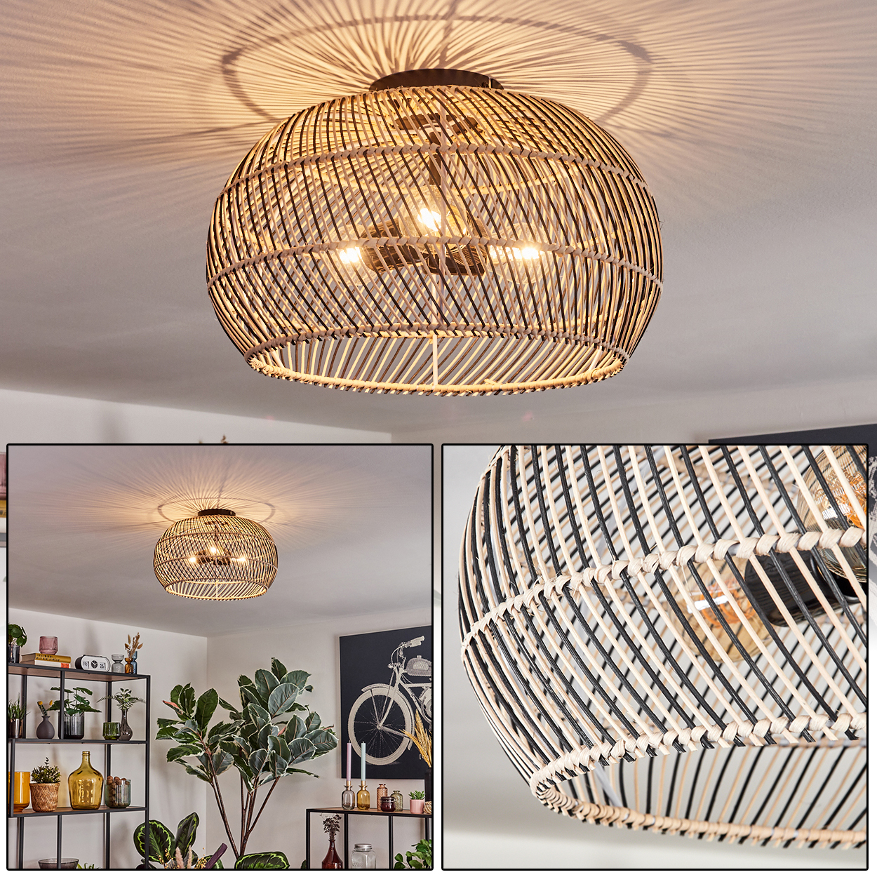 Eine Deckenlampe aus gewebtem Rattan ist zentriert. Sie wirft einen kreisförmigen Schatten. Darunter ist ein Wohnzimmer mit Pflanzen und Kunst zu sehen.