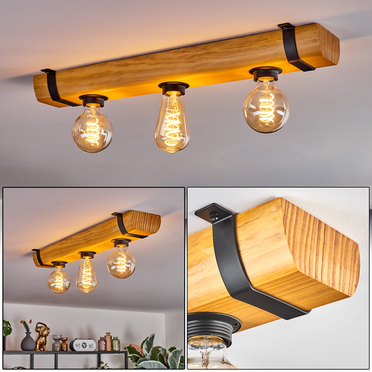 Deckenleuchte aus Holzbalken mit drei freiliegenden Glühbirnen. Schwarze Metallhalterungen. Warmes Licht. Weiße Decke. Innenraum.