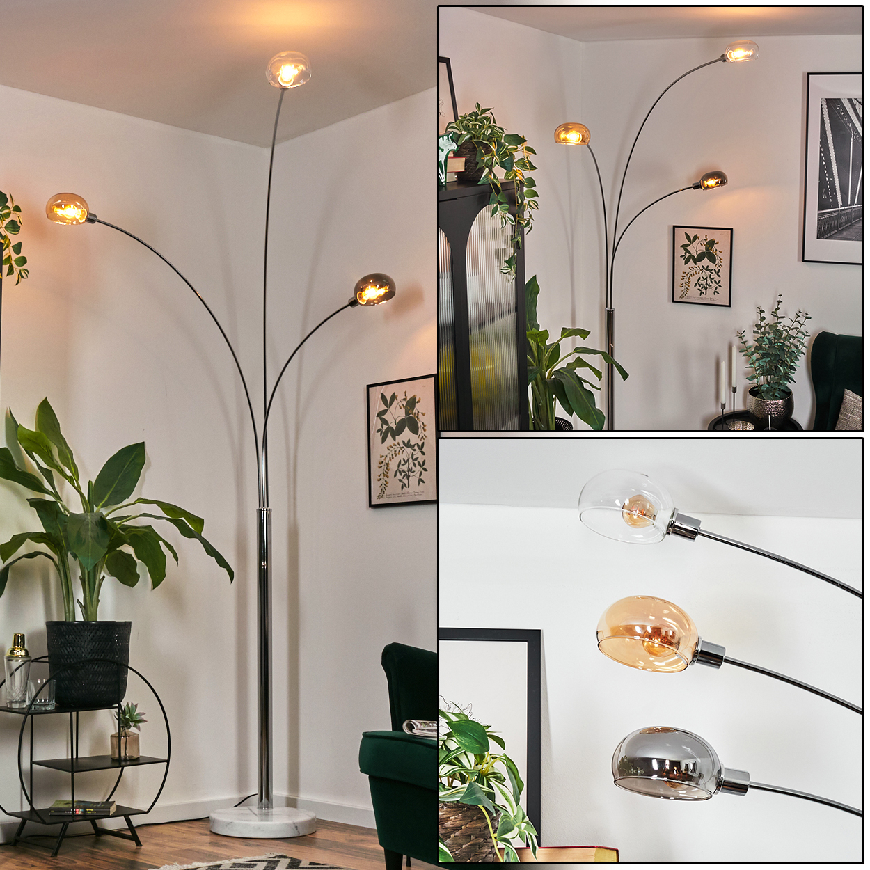 Stehlampe mit drei Glasschirmen, Chromstiel und Marmorsockel. Pflanzen und Kunstwerke sind sichtbar.