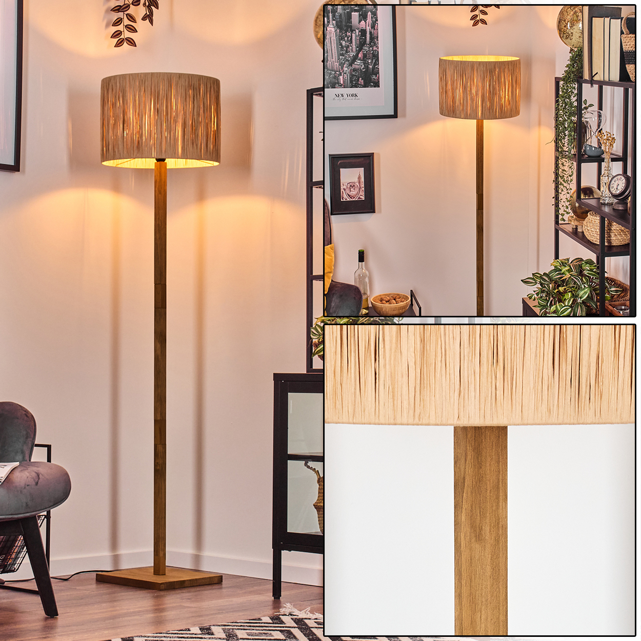 Eine Stehlampe mit beigem Lampenschirm und Holzfuß leuchtet. Der Hintergrund zeigt eine Wand, Regale und Dekorationen.