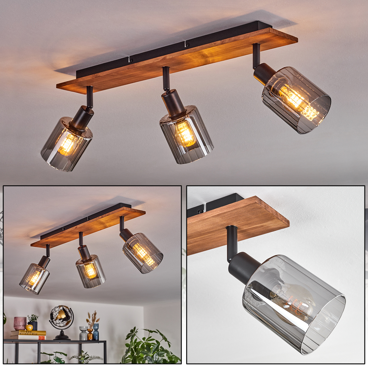 Deckenleuchte mit Holzsockel, schwarzen Armen und drei Glasschirmen mit sichtbaren Glühbirnen.