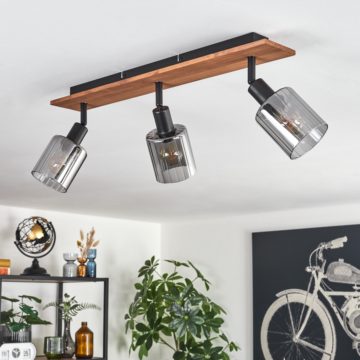 Deckenleuchte mit drei Lampen. Holzsockel, schwarze Metalldetails und Glasschirme. Innenraum mit Dekoration und Kunst.