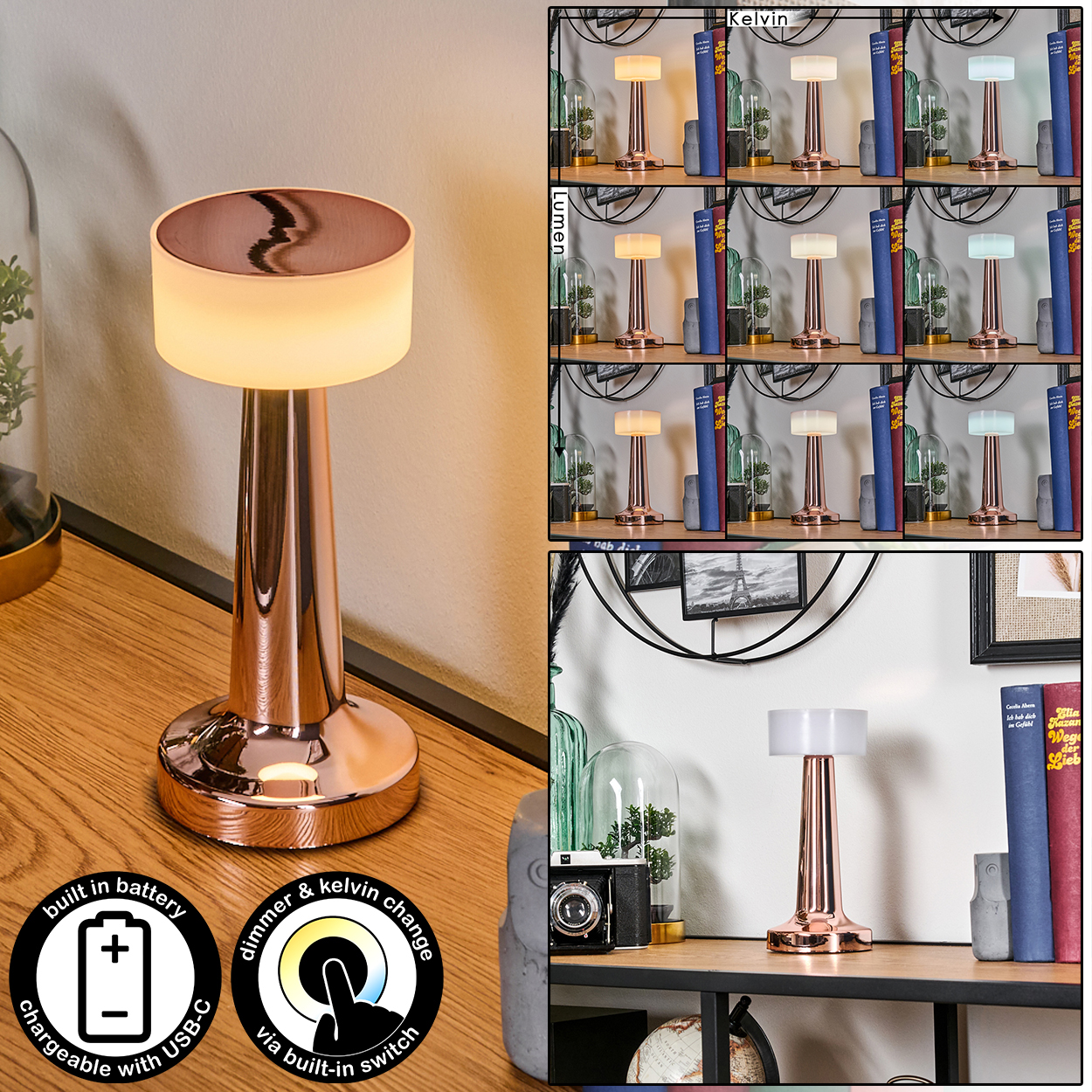 Eine kupferfarbene Tischlampe mit weißem Schirm steht auf einer Holzoberfläche. Verschiedene Lichteinstellungen sind abgebildet. Text zeigt Dimmen und Kelvin-Änderung.