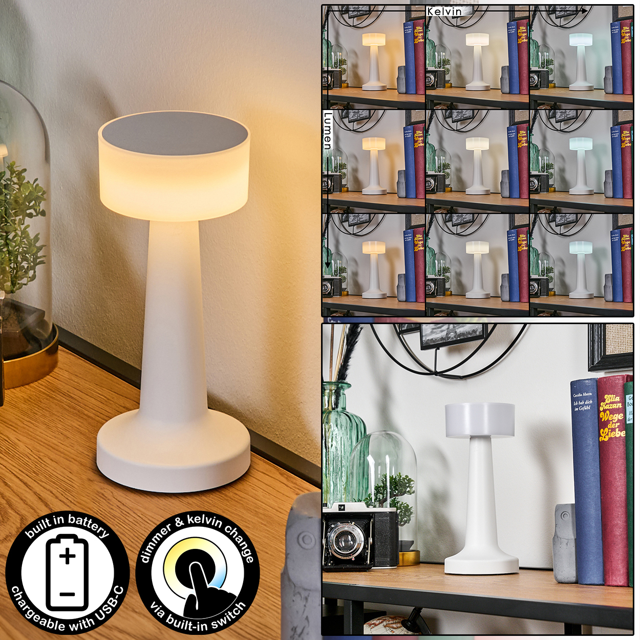 Eine weiße Lampe mit zylindrischem Fuß und Oberteil, die verschiedene Lichteinstellungen zeigt. Die Szene umfasst Bücher, eine Kamera und eine Glaskuppel.