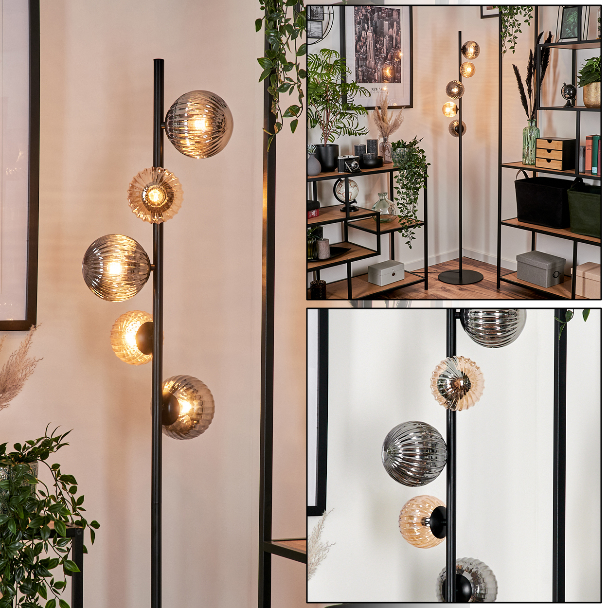 Eine moderne Stehlampe mit mehreren Glaskugeln. Regale mit Dekor und Pflanzen befinden sich im Hintergrund. Die Lampe ist schwarz.