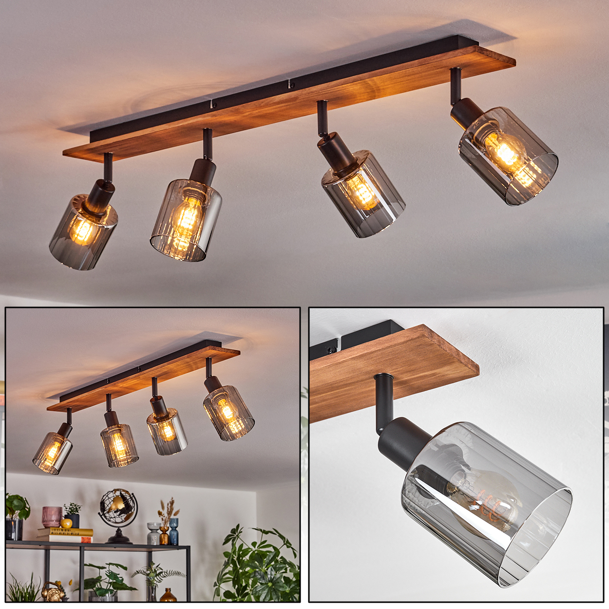 Eine Deckenleuchte mit vier Lampen. Jede Lampe hat einen Glasschirm und ist an einem Holzbalken befestigt. Der Hintergrund ist eine weiße Decke.