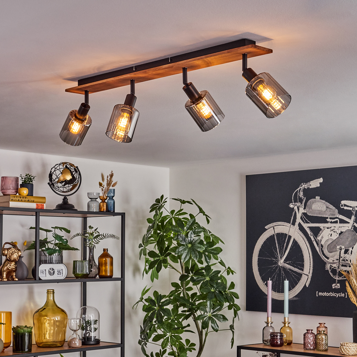 Deckenleuchte mit 4 Glühbirnen, Holzrahmen. Regale mit Deko, Pflanze, ein Fahrradbild an der Wand.