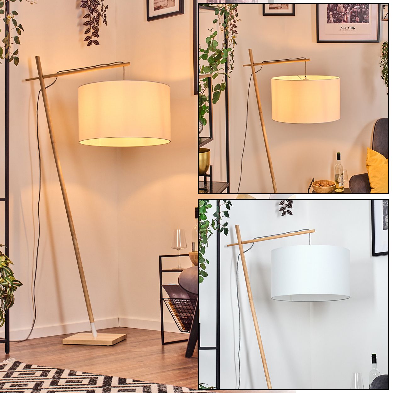 Eine moderne Stehlampe aus Holz mit weißem Lampenschirm. Der Hintergrund zeigt eine Ecke, Pflanzen und einen kleinen Tisch.