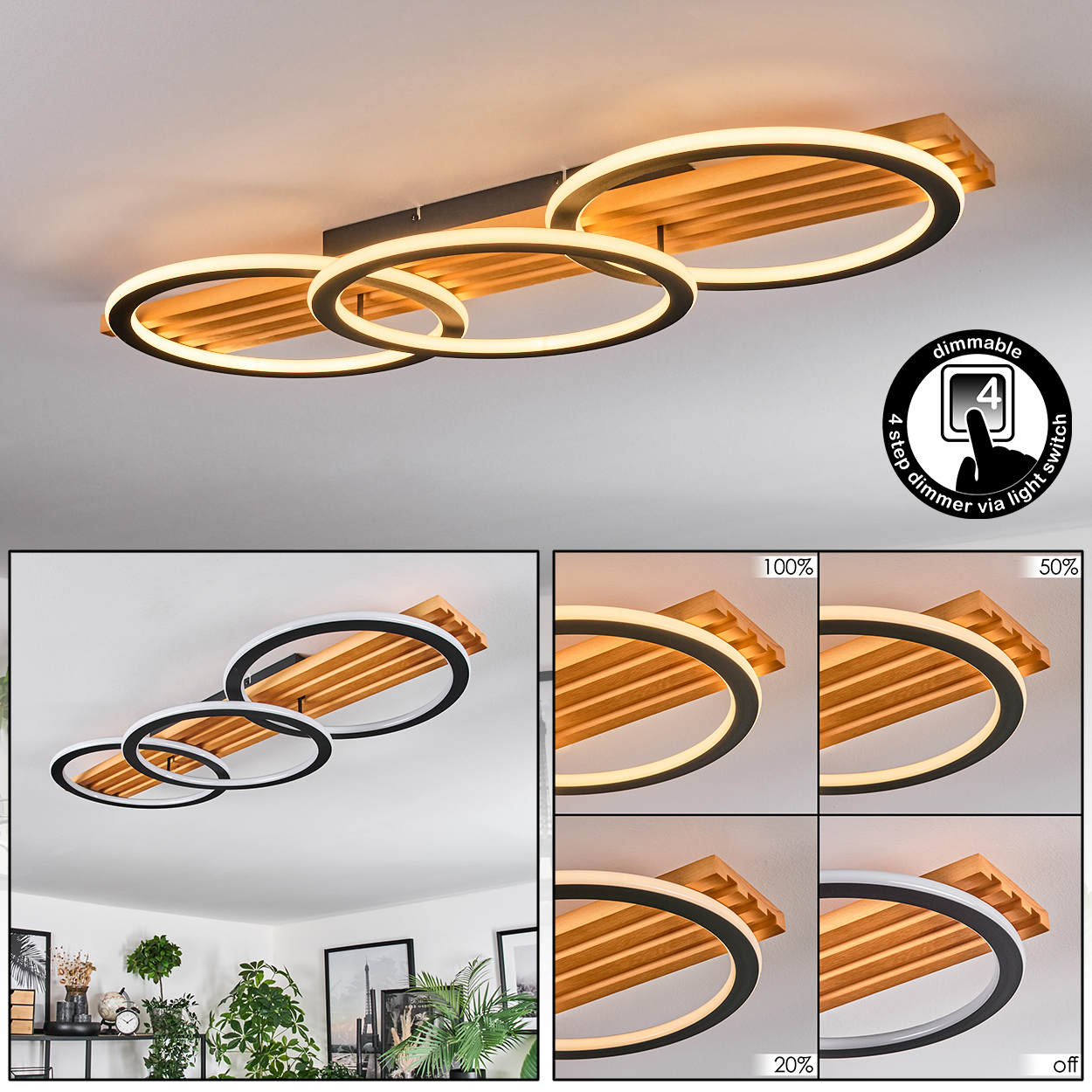 Deckenleuchte mit drei beleuchteten Ringen. Sie hat Holzdetails und ein Dimmer-Symbol.
