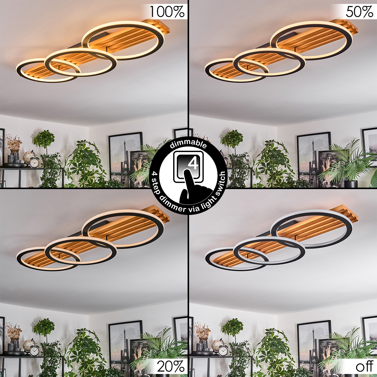 Vier Bilder zeigen eine dimmbare Deckenleuchte. Sie hat drei kreisförmige Lichter und eine Holzbasis. Pflanzen, Uhren und Kunst im Hintergrund.