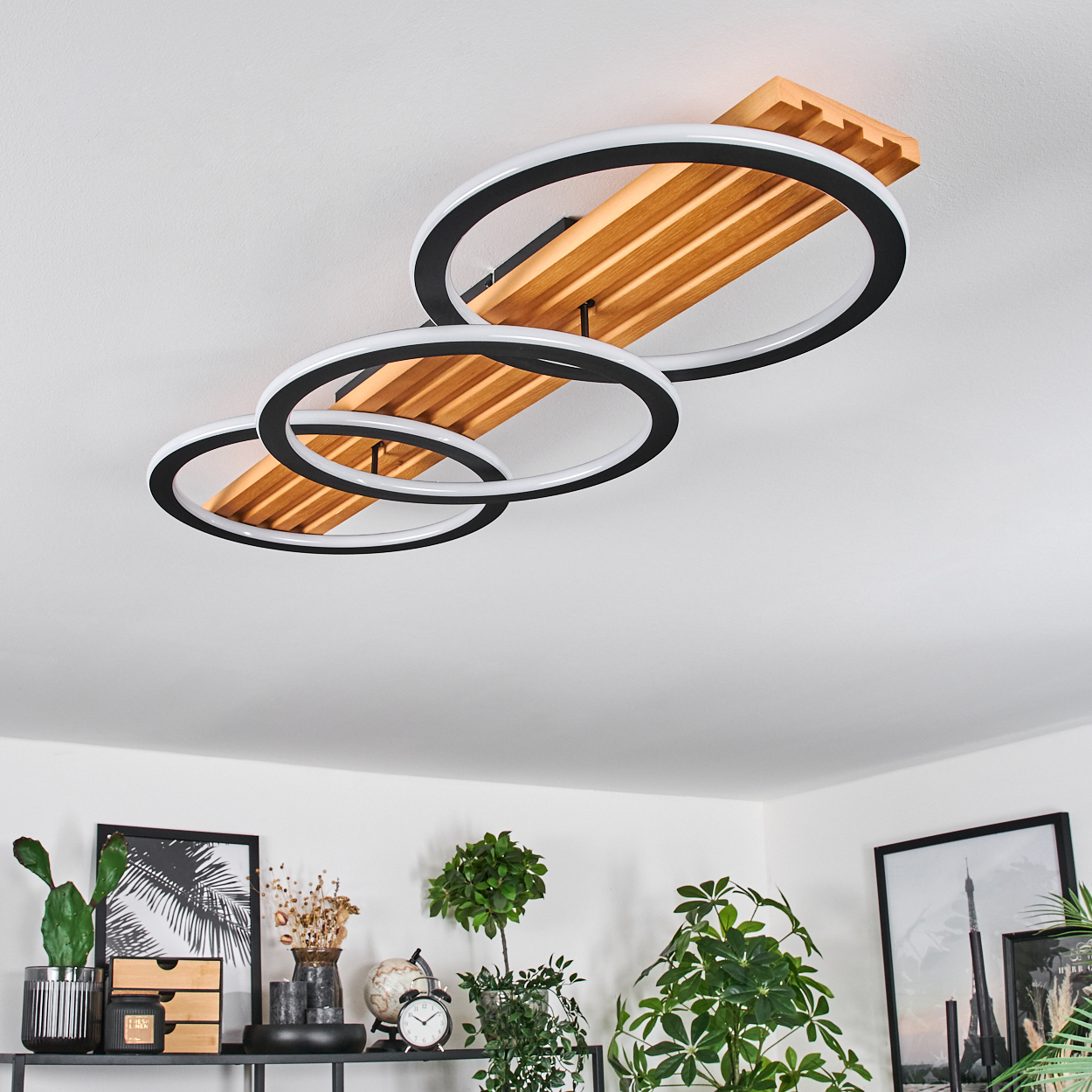 Moderne Deckenleuchte mit drei Ringlichtern, Holzbalken. Darunter ein Regal mit Pflanzen, Bildern und Dekorationsartikeln. Weiße Decke.